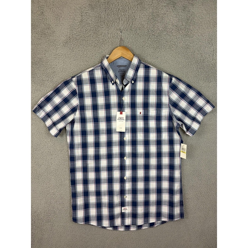 IZOD Shirt Mens Medium White Blue Plaid Saltwater Short Sleeve Button-Up Men New